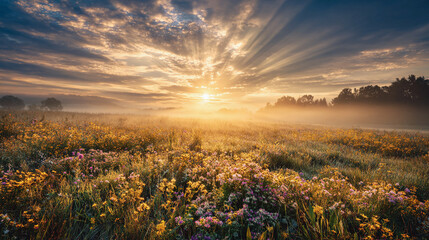 Background with sunrise  breaking through dawn clouds on sky , golden beams spilling across a vibrant field of wildflowers. Ai image generated