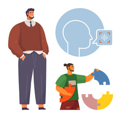 Confident man stands beside team member connecting puzzle pieces. Profile silhouette with a face-scanning element emphasizes digital identity. Ideal for teamwork, strategy, analysis, innovation, AI