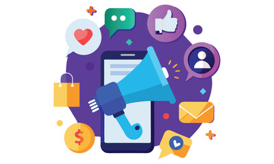 Digital marketing and advertising concept with a megaphone on a smartphone surrounded by social media icons and shopping bag symbolizing online promotion and engagement