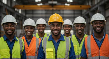 Group of smiling construction workers wearing safety helmets and reflective vests standing together in an industrial environment.