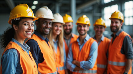 Group of smiling construction workers wearing safety helmets and reflective vests standing together in an industrial environment.