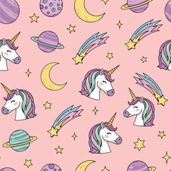 A whimsical seamless pattern of cartoon unicorns, planets, crescent moons, and shooting stars set against a soft pink background. Vector Patterns