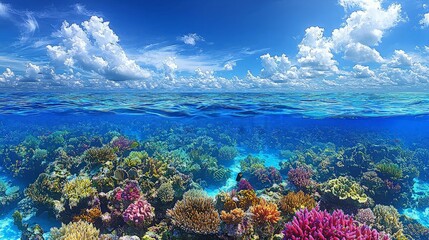 Naklejka premium Coral reef underwater scene with clear blue water and sky