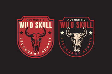 buffalo skull vintage badge logo set. wild bull emblem in retro western style. cowboy skull illustration patch for wildlife, adventure, outdoor, motorcycle clubs branding, signage and packaging.