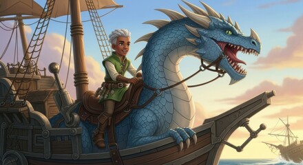 Fototapeta premium Young Dragon Rider Sails the Ocean on a Majestic Blue Dragon Aboard a Wooden Ship
