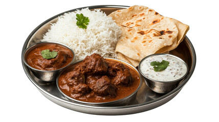 Authentic Indian Cuisine Platter with Rice, Flatbread, Spicy Curry, and Yogurt Sauce