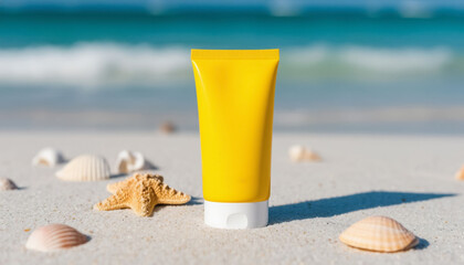 Sunscreen cream yellow on the sea beach with white sand
