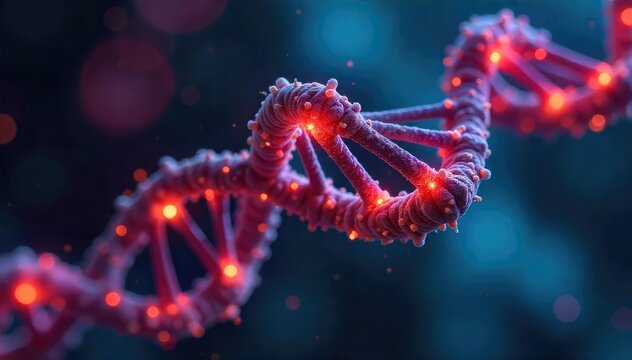 Close-up shot of DNA strands illuminated, representing the intricate world of genetic engineering and biotechnology advancements , gene expression, science, technology