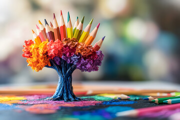 a tree made of colored pencils on a table