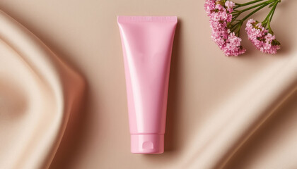 Pink tube of cream mockup on pastel background