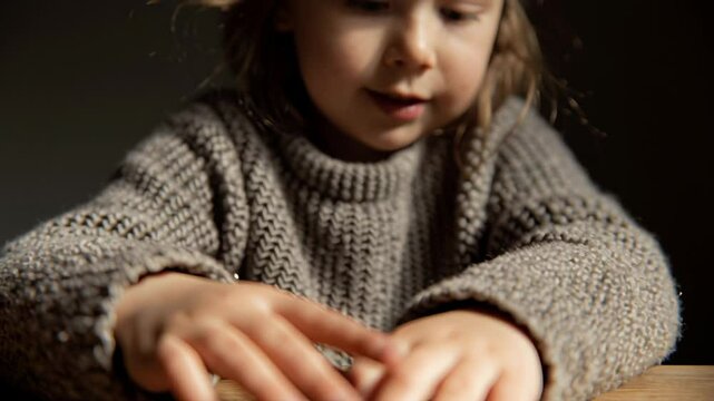 A child&rsquo;s hands carefully stacking and counting various coins on a wooden table.