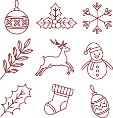 "Christmas Line Icon Set Featuring Reindeer, Snowman, Stocking, Ornament, and Holly Leaves"