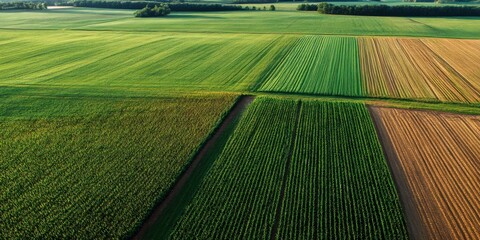 Aerial View of Lush Green Corn Field Under Bright Sunlight with Vibrant Rows of Corn Creating a Beautiful Agricultural Landscape Scene