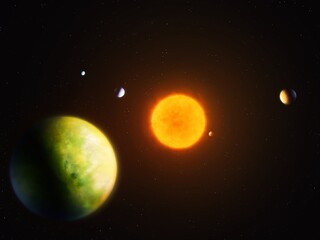 Planets in orbit around a star. Extrasolar system with Earth-like planets. Potentially habitable worlds.