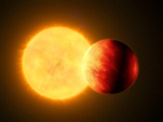 Planet close to the star. Hot exoplanet in orbit around the sun. Space landscape. © Nazarii