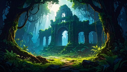 Ancient Ruins Hidden in Lush Jungle: A Serene Digital Painting