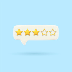 3D speech bubble with three gold rating stars. Visualization of service quality assessment. Customer feedback. Render of voting, rating or survey on the product. Volumetric chat messages