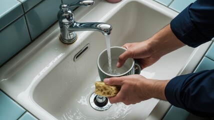 Adult male hands washing mug in kitchen sink with sponge and running water