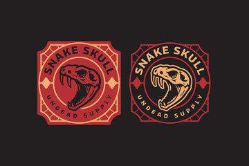 snake skull badge logo set in vintage bold style. reptile skeleton rustic emblem logo. aggressive serpent retro illustration patch for wildlife, adventure, outdoor clubs packaging and merchandise