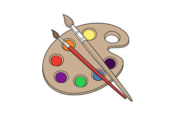Artistic wooden palette with colorful paint dabs, isolated on transparent background.