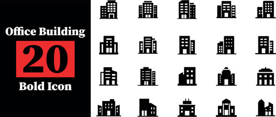 Collection of 20 bold black silhouette office building icons isolated on transparent background