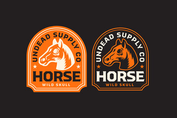 horse skull head badge logo in retro bold style. vintage steed head bone emblem logo. wild equine skull mascot illustration patch for wildlife, adventure, outdoor clubs packaging and merchandise