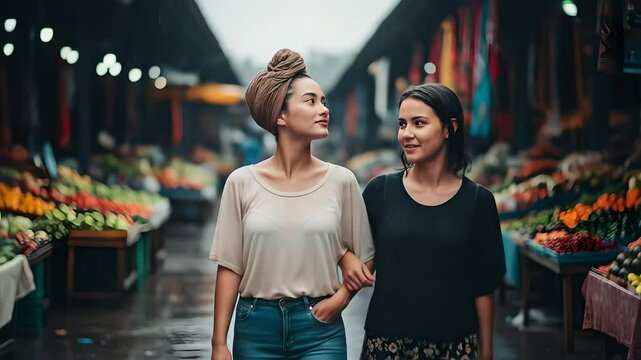 Women explore market in rain. Friends bond, enjoy shopping for local produce and culture, ideal for travel vlogs, documentaries, lifestyle content, promoting diversity and friendship.
