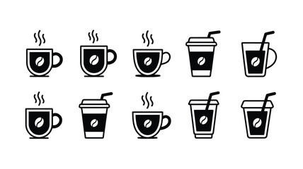 Coffee cup icon set, simple black and white line icons featuring hot and iced coffee drinks in grid layout for beverage branding and digital design use.
