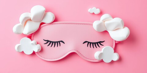 Pink background, minimalist sleeping mask with paper clouds & eyelashes,  graphic,  peaceful