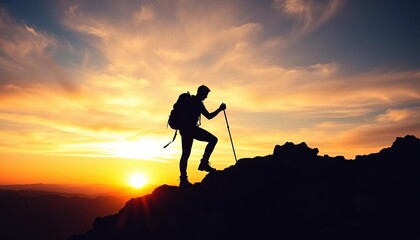 Silhouette of climber ascending rugged hill at sunset  ,   wild,  courage