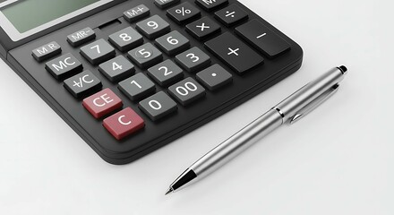 Calculator and Pen: Financial Planning Tools on White