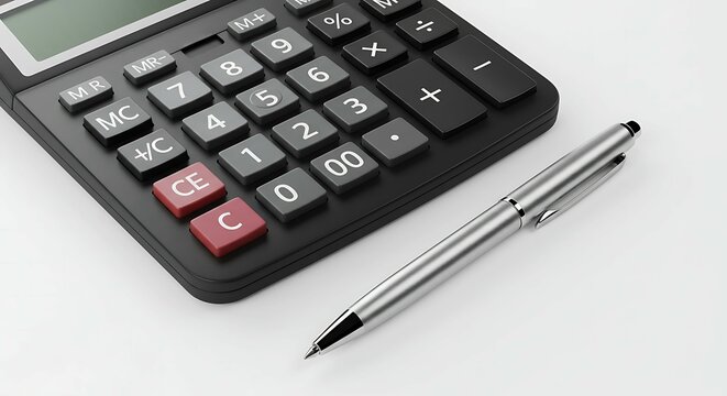 Calculator and Pen: Financial Planning Tools on White