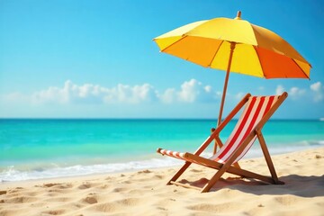 Relaxing beach scene with a striped deck chair and a bright beach umbrella providing shade on golden sand Perfect for summer vacation or travel themes , ocean, heat