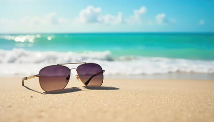 Relaxing beach scene with stylish sunglasses resting on soft sand, ocean waves gently lapping the shore Perfect for summer vacation, travel, and holiday themes , carefree, accessory, sea