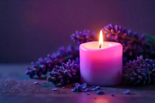 Relaxing lavender candlelight illuminates a tranquil scene, perfect for spa, aromatherapy, or wellness themes Soft purple glow casts a calming ambiance , essential oil, aromatherapy - Powered by Adobe
