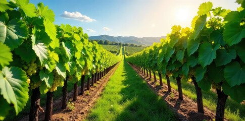 Rows of lush grapevines stretching across a sun-drenched hillside, their leaves vibrant green, heavy with ripening grapes A picturesque vineyard scene ready for harvest , winegrowing, sun, beautiful