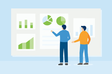 Two businessmen presenting financial charts and graphs on a large screen