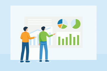 Two people analyzing financial charts and data on a presentation screen