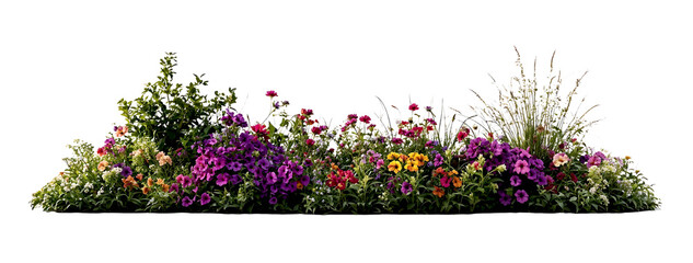 Lush mixed garden border featuring variety of colorful flowering plants and ornamental grasses with purple, pink and yellow blooms creating vibrant landscape display