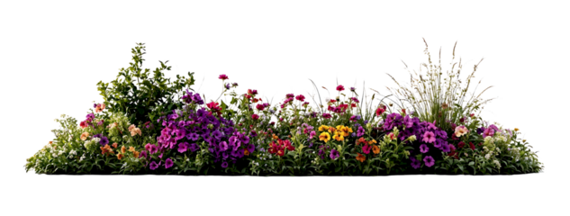 Lush mixed garden border featuring variety of colorful flowering plants and ornamental grasses with purple, pink and yellow blooms creating vibrant landscape display