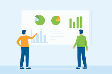 Two businessmen analyzing financial charts and graphs during a presentation