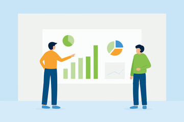 Two people presenting financial data charts and graphs on a whiteboard