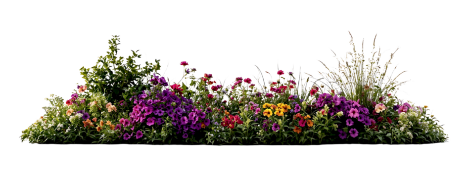 Lush mixed garden border featuring variety of colorful flowering plants and ornamental grasses with purple, pink and yellow blooms creating vibrant landscape display