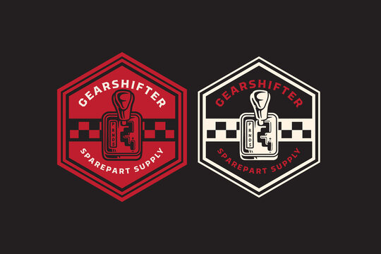car gearshift retro badge design. vintage mechanical shifter emblem with racing accent. bold gearshift spare part illustration patch design for automotive, garage, racing merchandise and branding