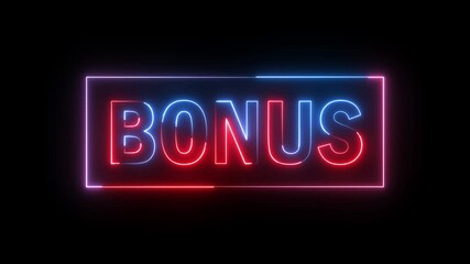 BONUS text icon animation glowing neon red and blue color font letter word shop store banner sign template signboard clipboard business advertisement poster sign symbol on black background - Powered by Adobe