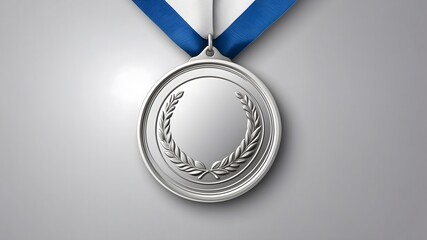 Silver medal with a blue ribbon, featuring a laurel wreath design, on a neutral background

