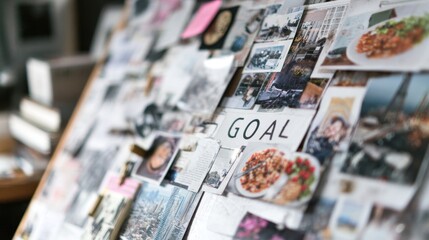 Close-up of a financial goal vision board with camera settings visible.