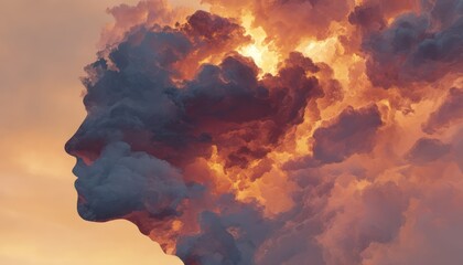 Surreal cloudscape silhouette of a human profile with fiery celestial elements