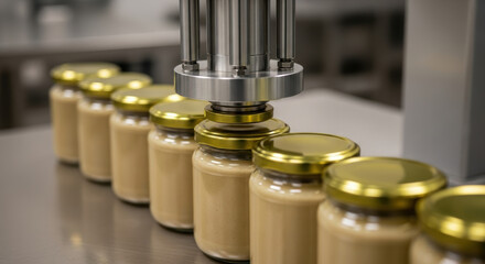 Automated machinery seals row of glass jars filled with creamy spread in modern food processing plant, ensuring freshness and quality control during packaging process