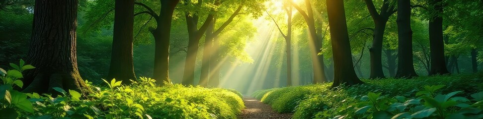Fototapeta premium Sunlight dapples through the leaves in a lush, vibrant forest park Perfect for nature, tranquility, and environmental themes Ideal for websites, blogs, and publications , dappled light, ecosystem